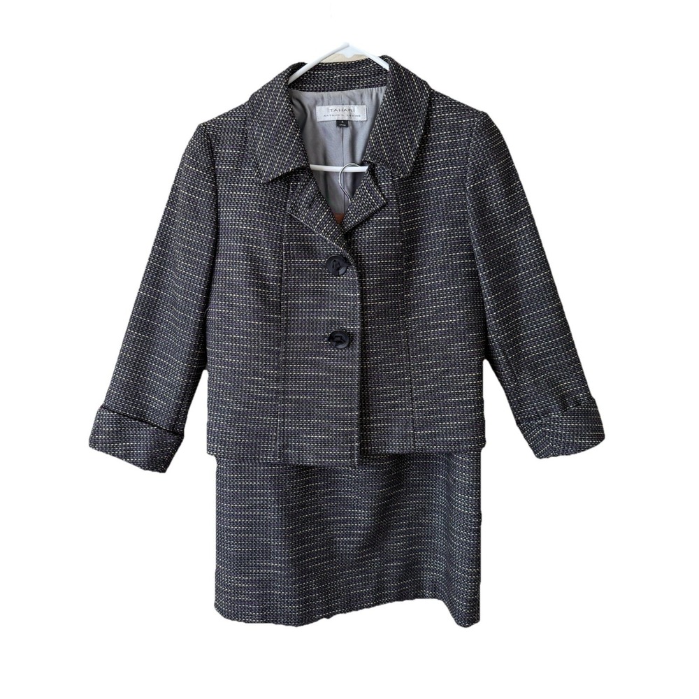 Tahari Arthur S Levine Skirt Suit Women 4 Black Tweed Blazer Jacket Career‎ Set
